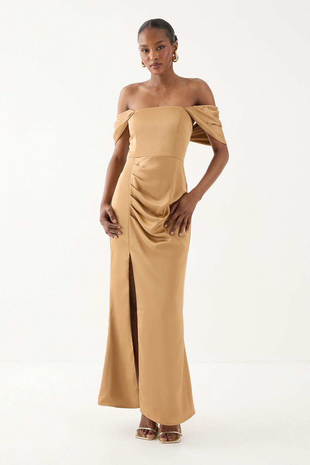 MissPap Bardot Ruched Satin Bridesmaid Dress Bronze