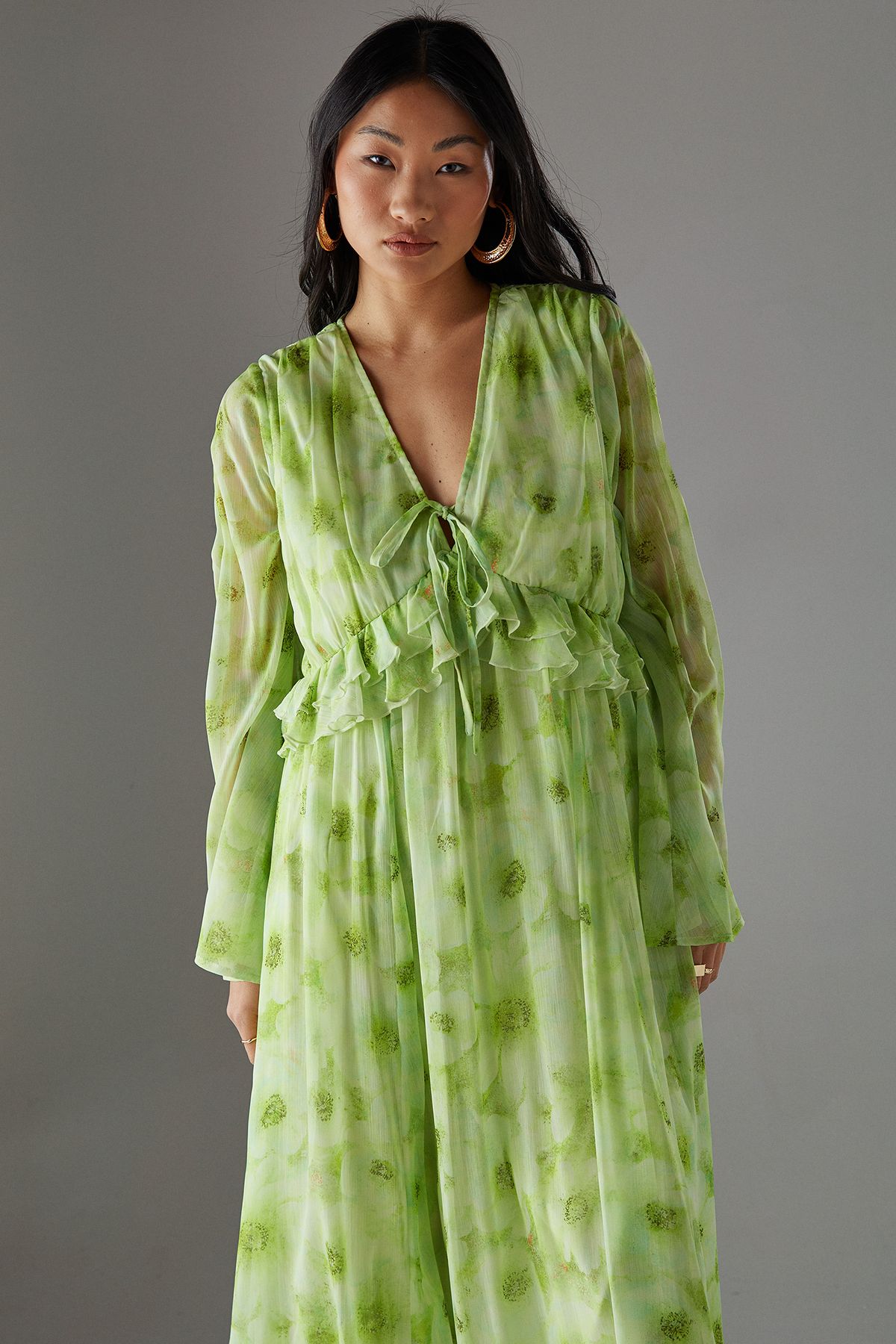 Warehouse Petite Chiffon Plunge Neck Ruffle Midi Smock Dress Yellow image 2