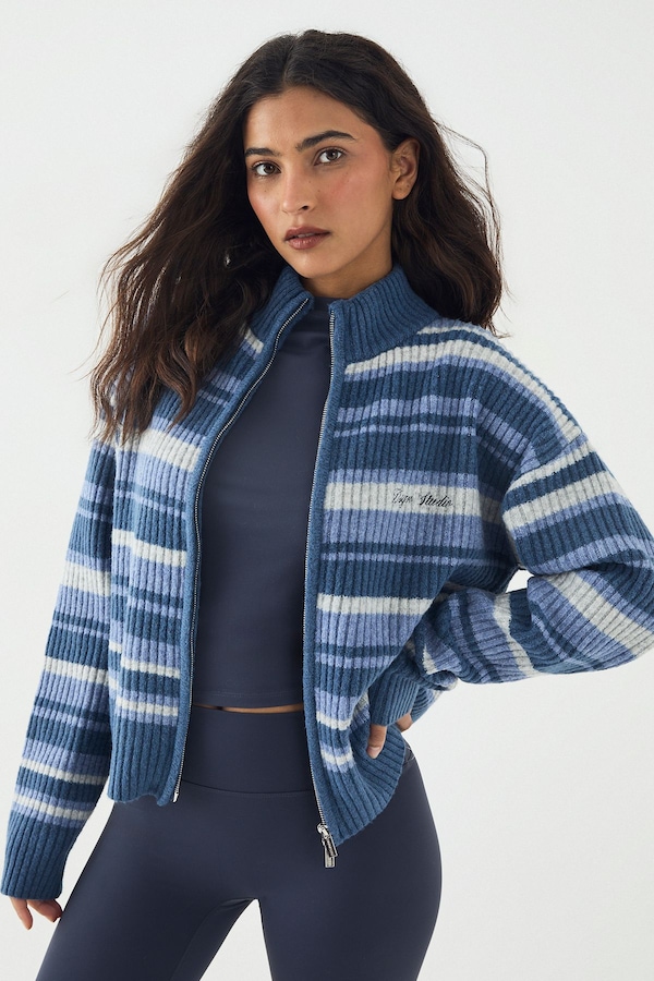 DSGN Studio DSGN Studio Double Zip Through Stripe Knitted Jumper Blue