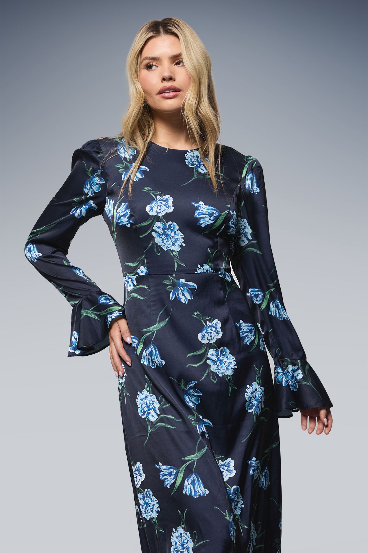 Dorothy Perkins DP Luxe Printed Satin Double Frill Hem Maxi Dress Navy image 2