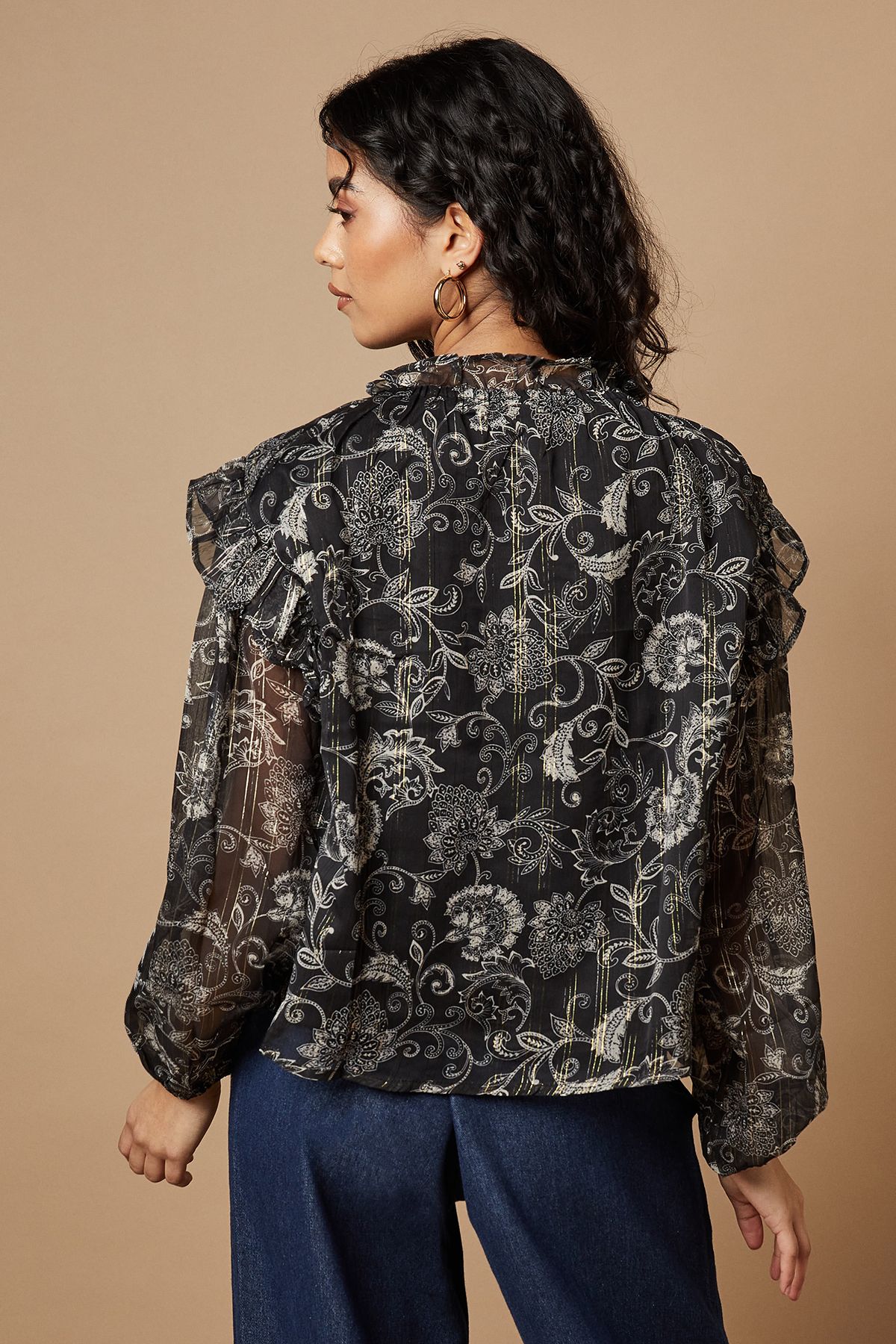 Oasis Petite Paisley Metallic Chiffon Tie Neck Blouse Black image 3