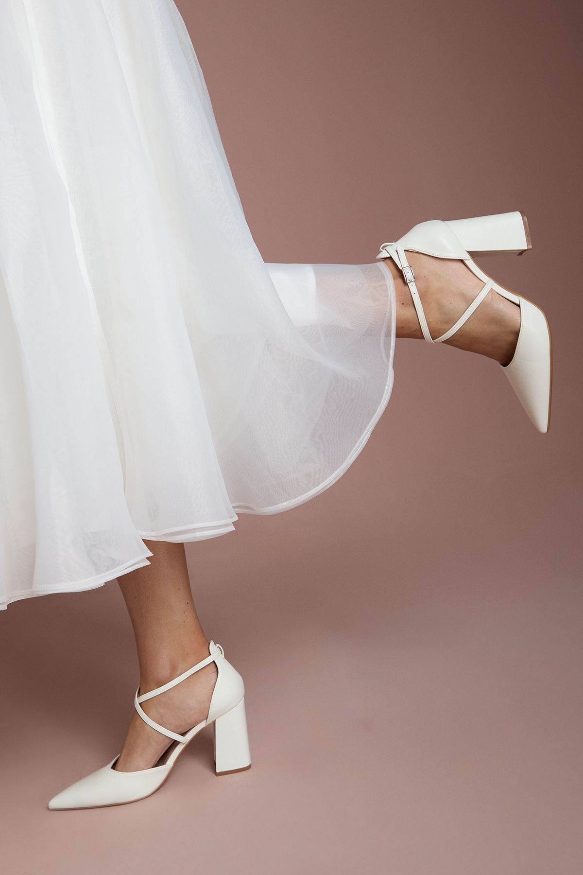 Coast Treat Faux Leather  Cross Strap Pointed Block Heel Court Shoes White image 1