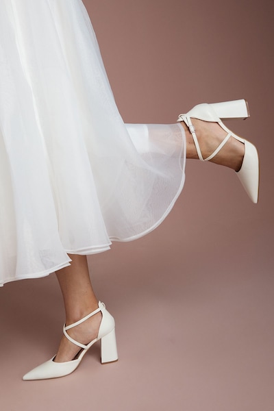 Coast Treat Faux Leather Cross Strap Pointed Block Heel Court Shoes White