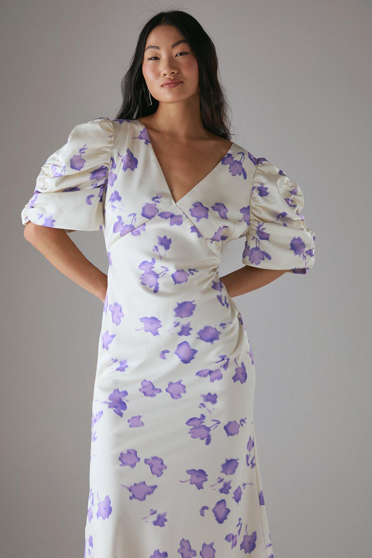 Warehouse Petite Satin Pleat Volume Sleeve Plunge Bias Midi Dress Lilac image 2