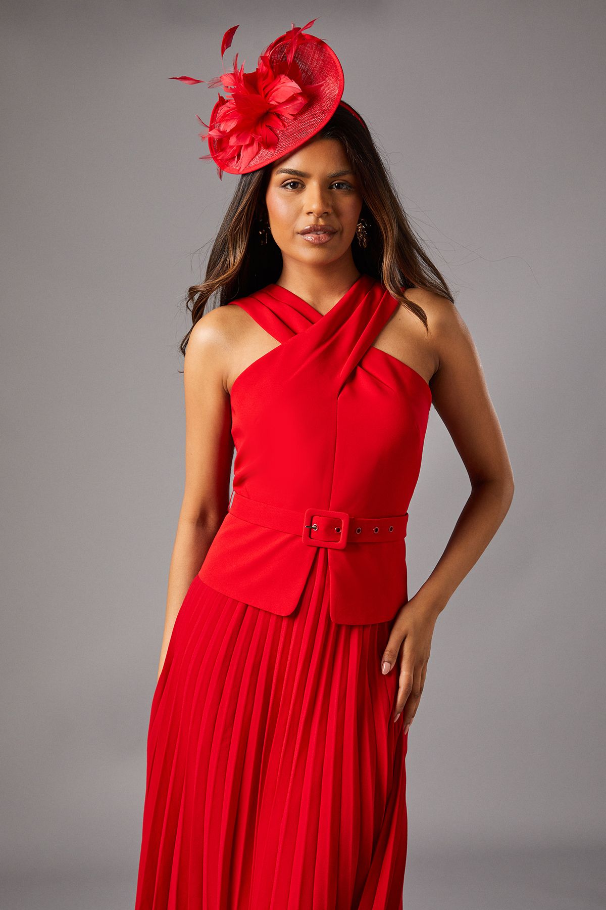 Coast Petite Cross Over Neck Pleated Midi Dress Flame Red image 2