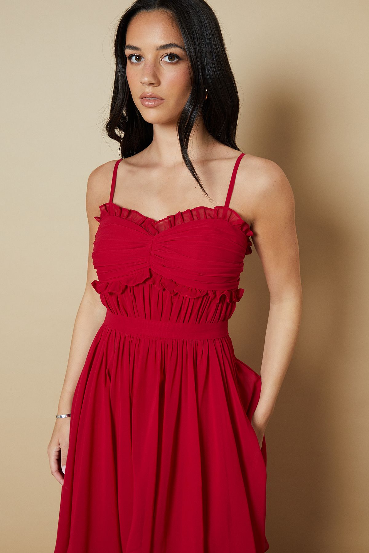Oasis Strappy Scallop Bust Tiered Midi Dress Red image 2