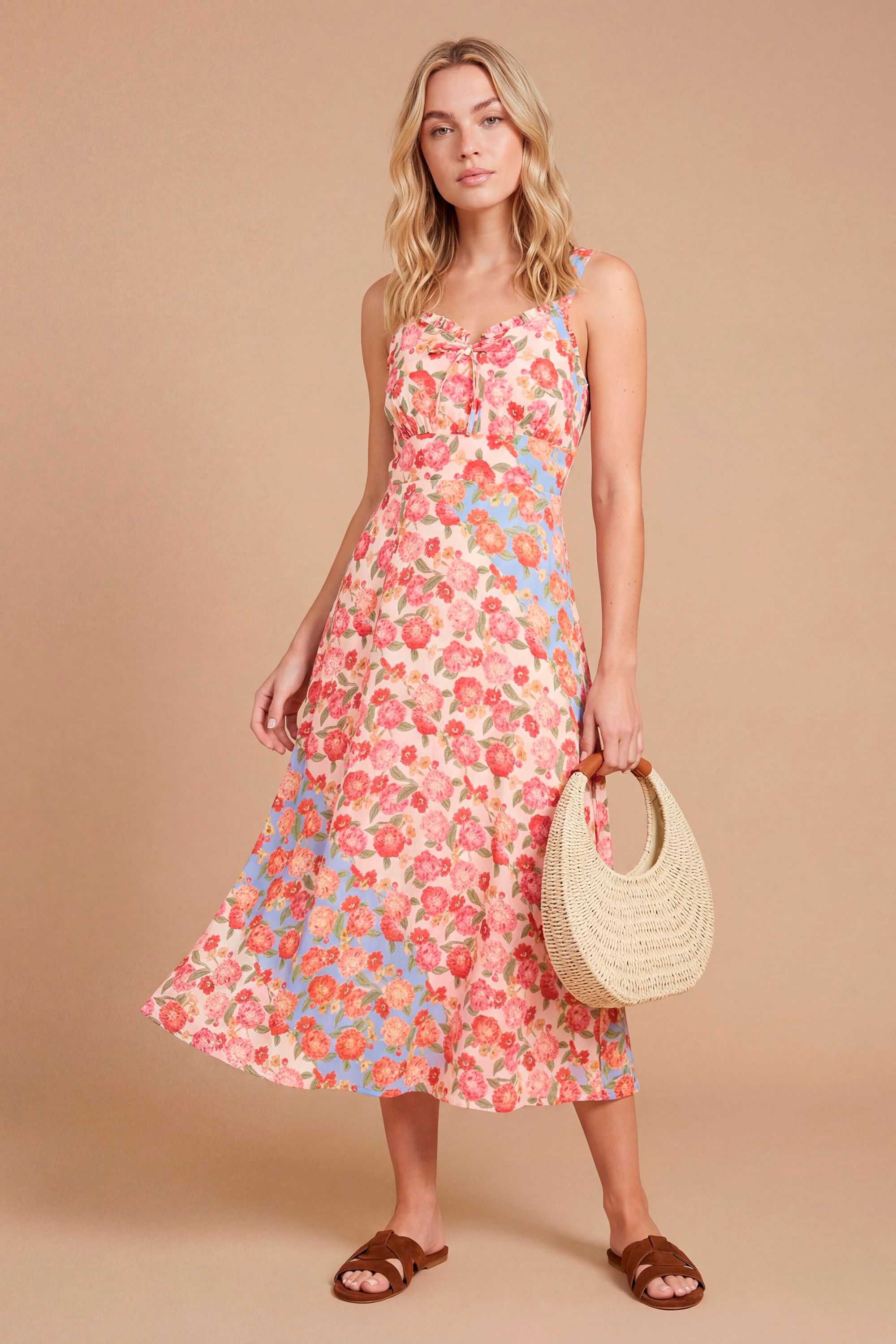 Dorothy Perkins Lace Trim Tie Front Printed Midi Dresss Floral