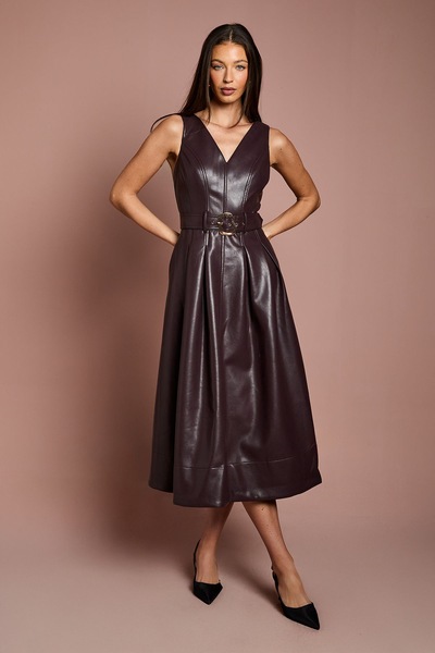 Coast V Neck Sleeveless PU Dress With Belt Brown