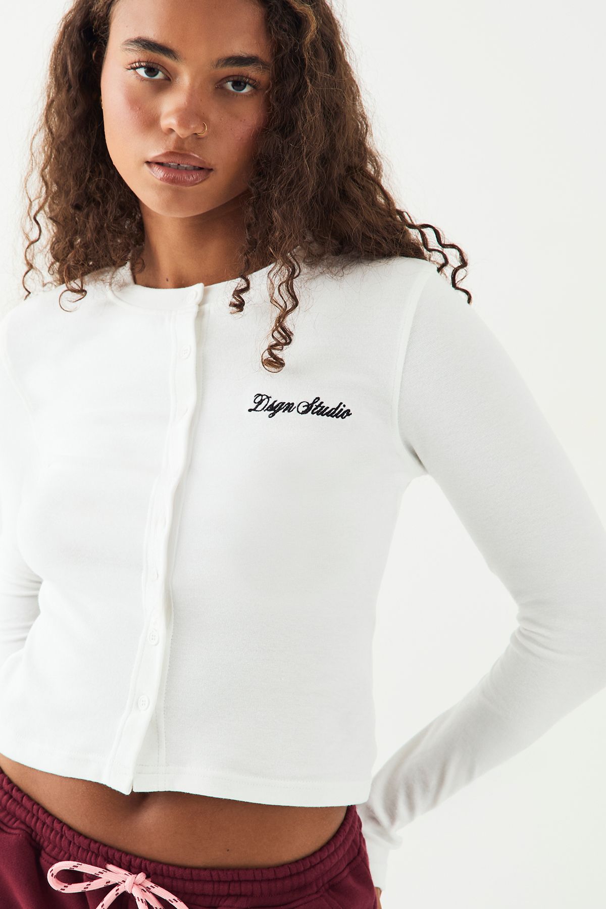 DSGN Studio DSGN Studio Ribbed Script Embroidery  Button Through Long Sleeve Top White image 4