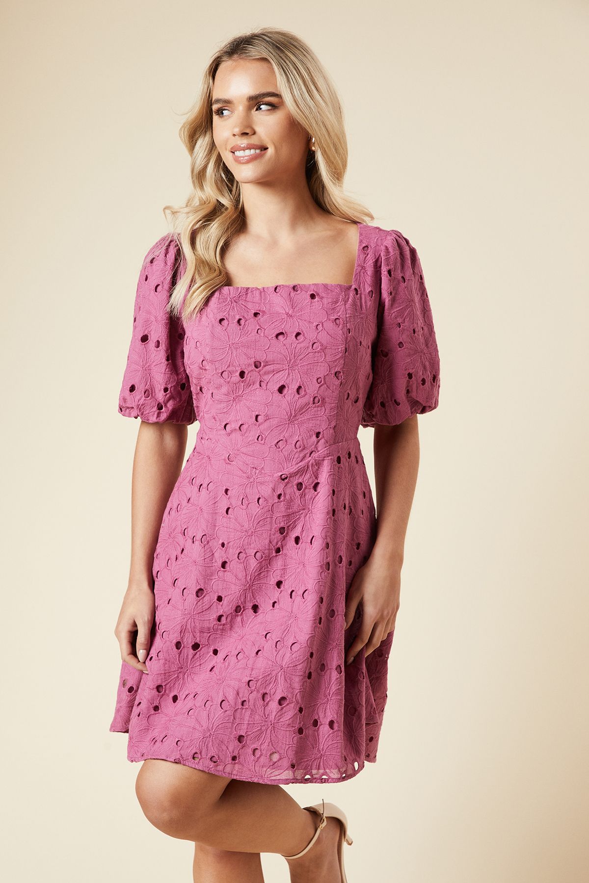 Dorothy Perkins Petite DP Luxe Lace Puff Sleeve Mini Dress Rose image 2