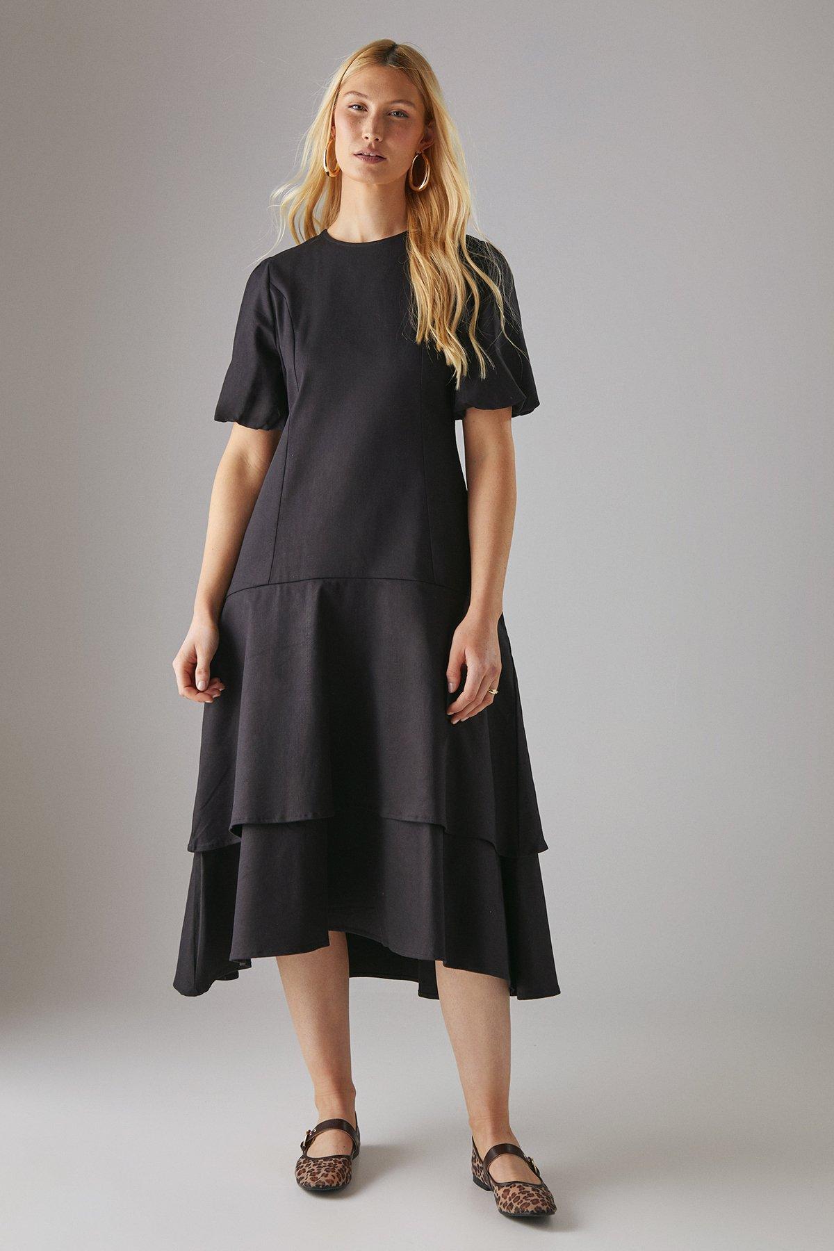 Warehouse True Black Twill Puff Sleeve Ruffle Hem Midi Dress PLT
