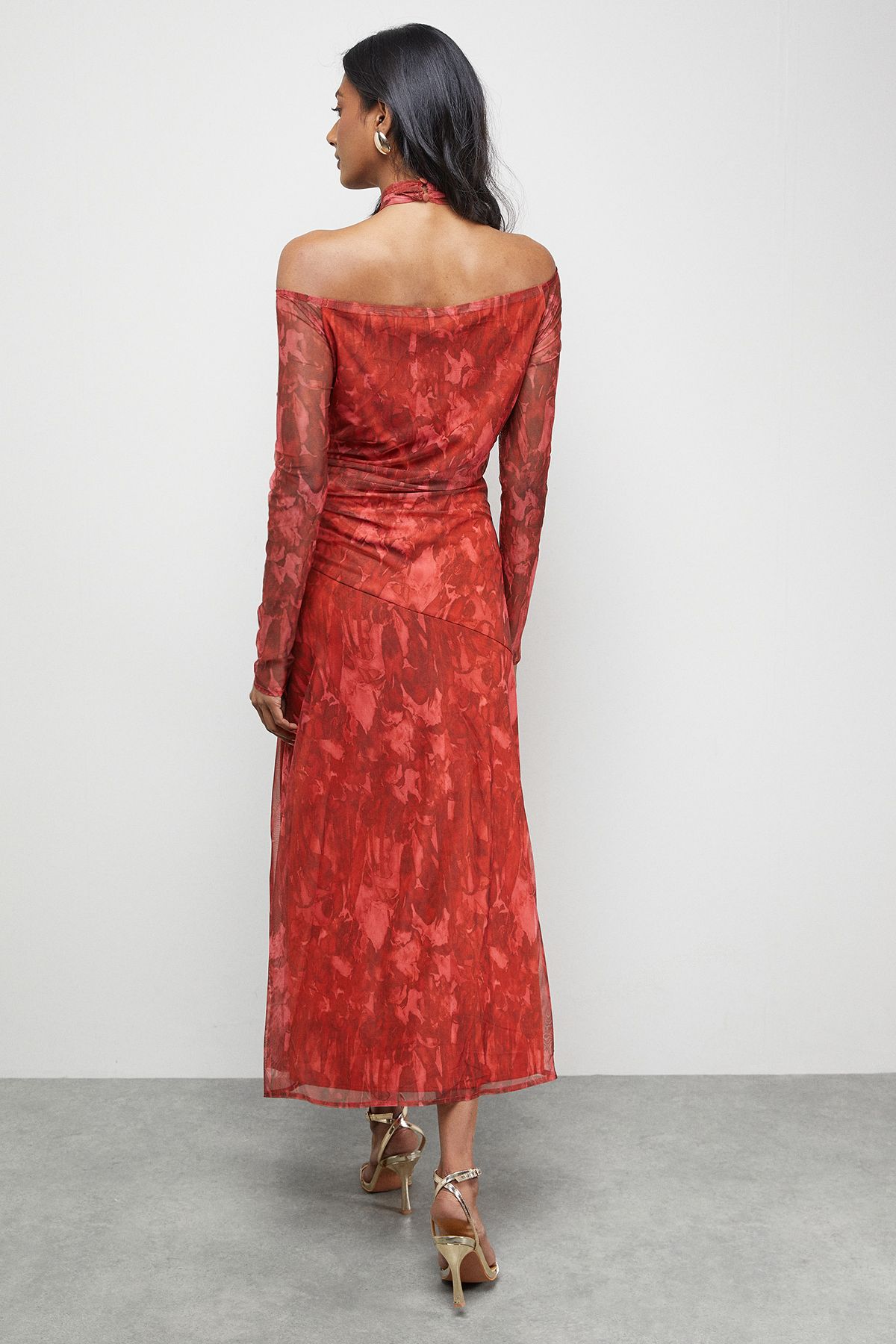 Warehouse Print Twist Mesh Midi Dress Red image 3