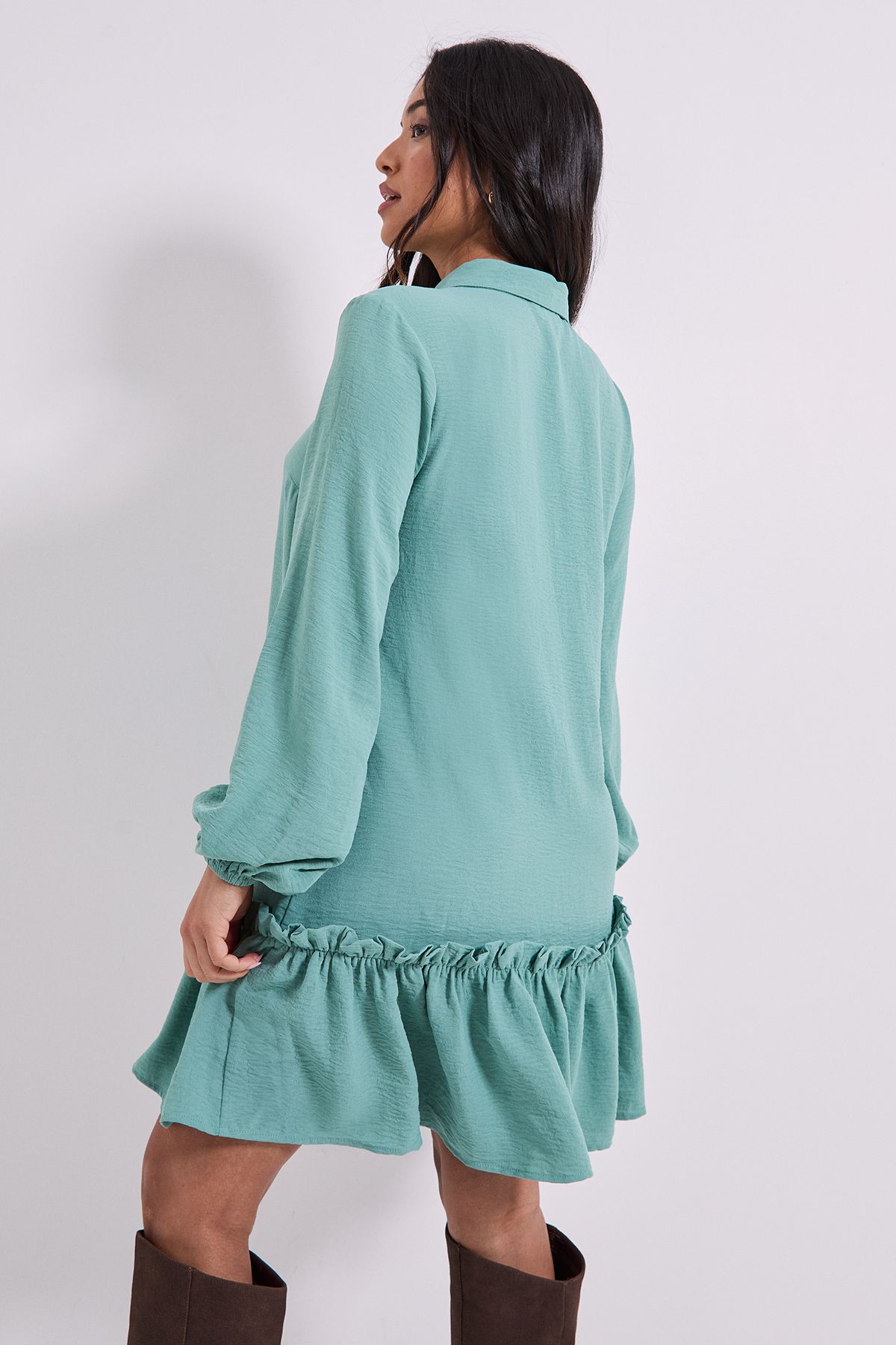 Dorothy Perkins Petite Tie Neck Collar Detail Shift Mini Dress Green image 3