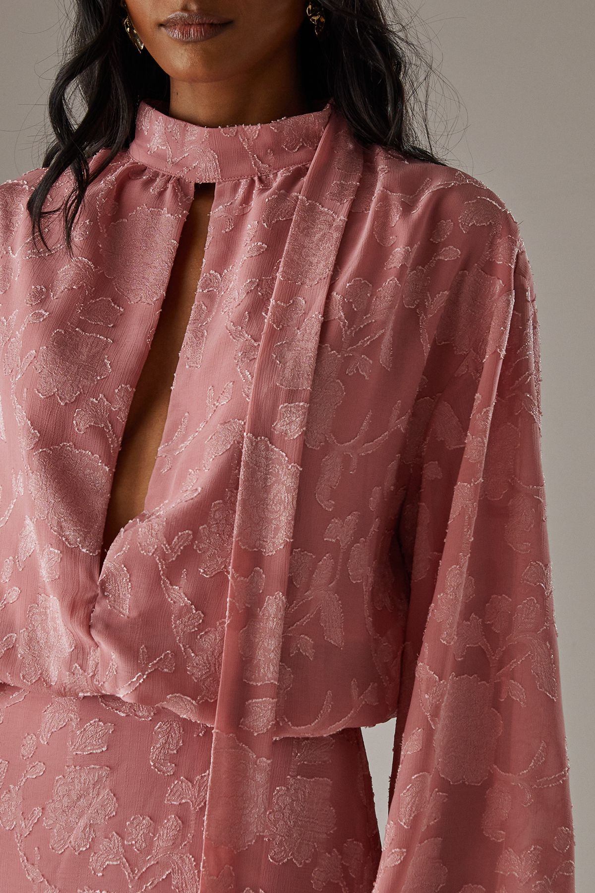 Warehouse Chiffon Jacquard High Neck Slash Front Blouse Pink image 5