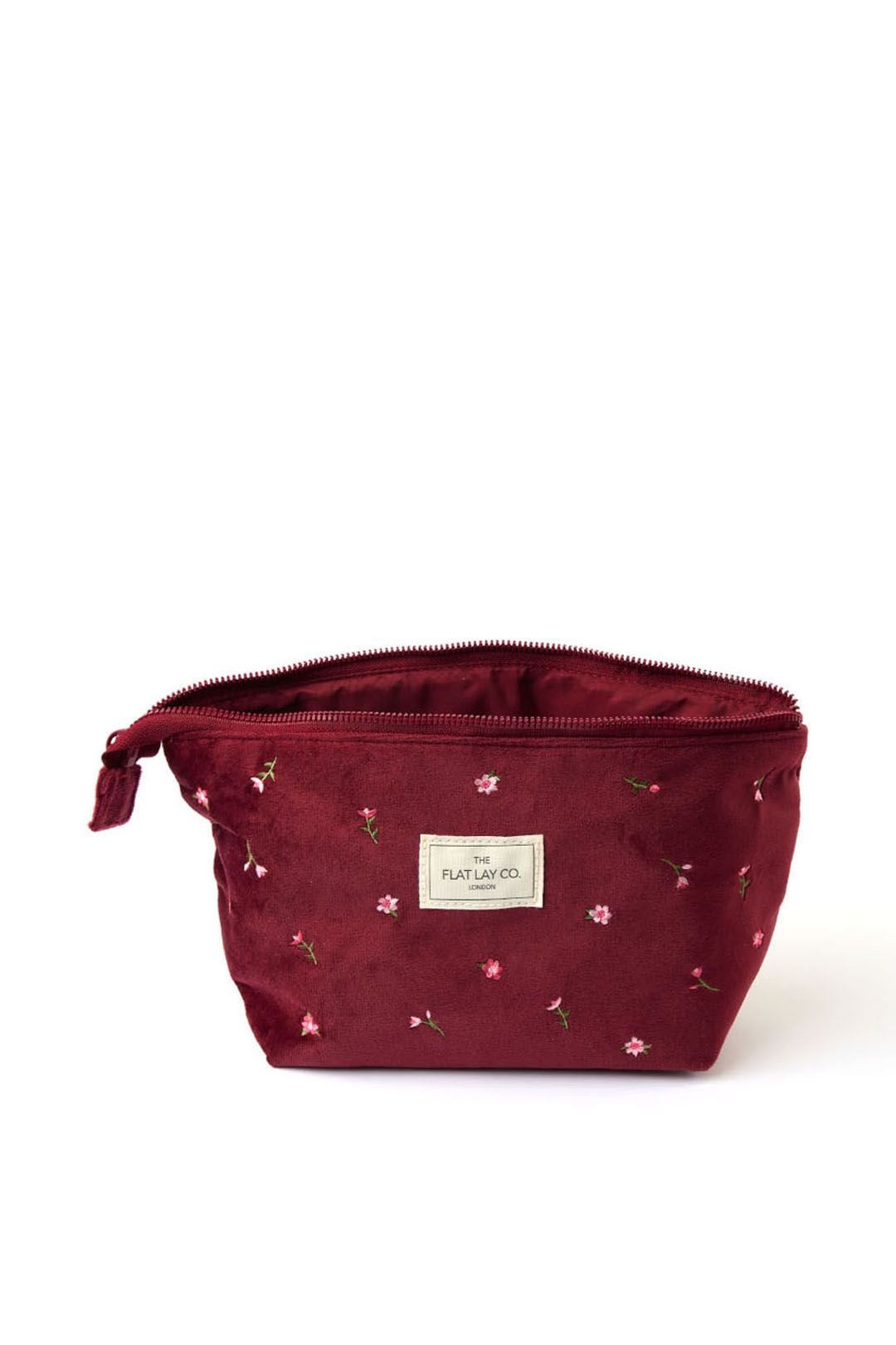 The Flat Lay Co Essential Makeup Pouch - Ditsy Roses & Flowers Burgundy Embroidered Velvet Multi image 2