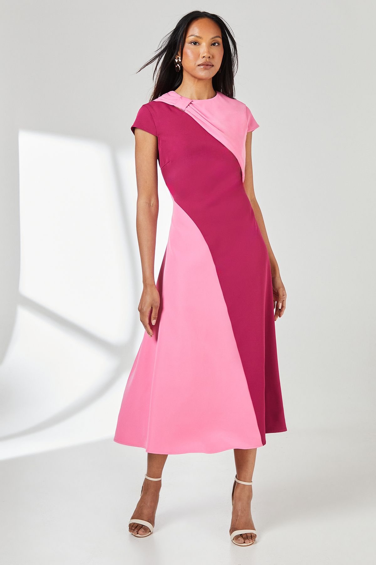 Principles Pink Knotted Neck Detail Colour Block Midi Dress Pink image 1