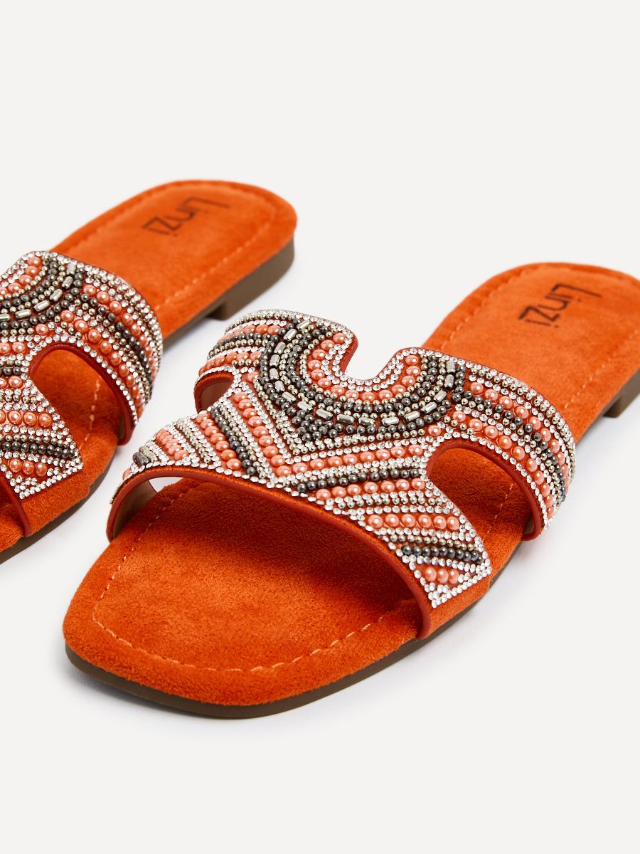 Linzi Indira Orange Suede Aztec Design Embellished Slider Sandal image 4