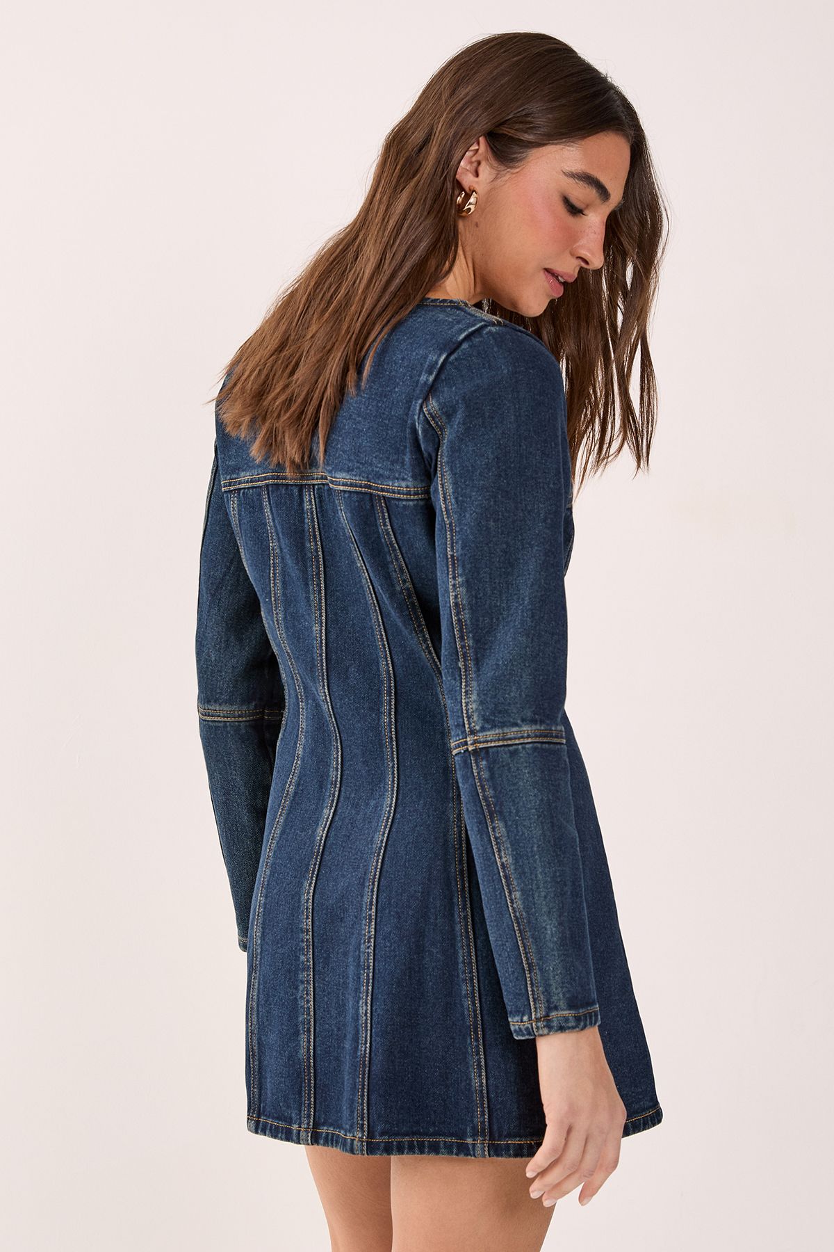 NastyGal Button Through Long Sleeve Denim Corset Mini Dress Indigo image 4