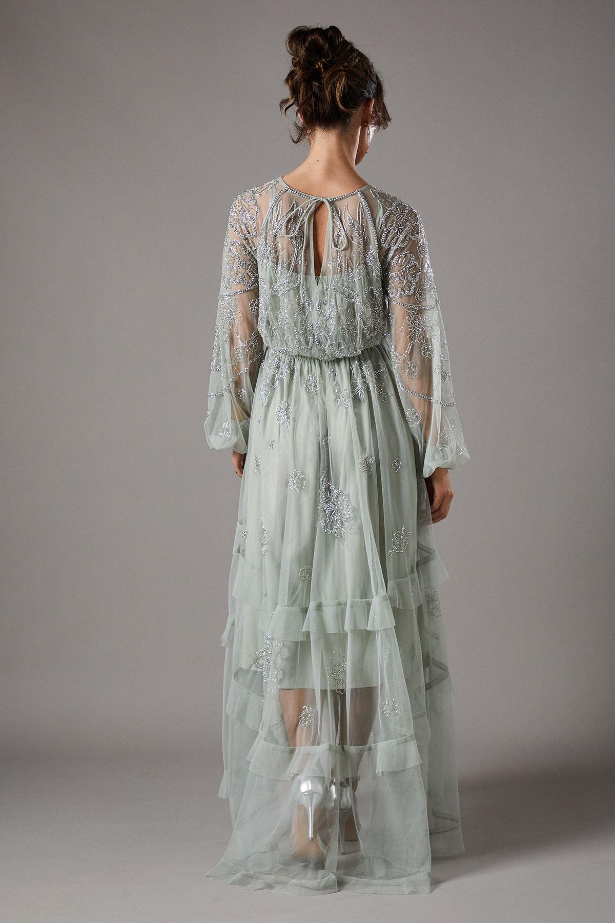 Coast Embellished Frill Chiffon Maxi Dress Sage Silver image 4