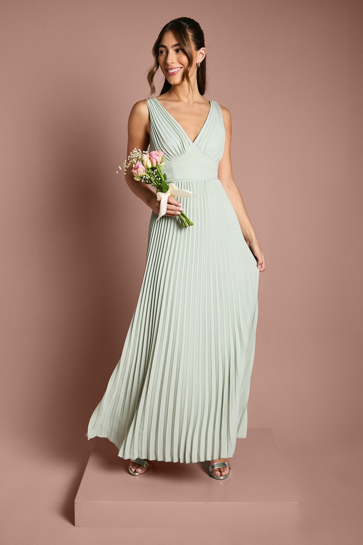 Coast Pleated Plunge Neck Maxi Bridesmaid Dress Sage