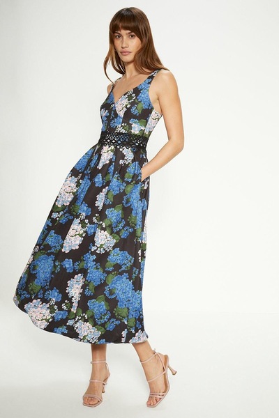 Oasis Floral Printed Scuba Lace Detail Midi Dress Blue