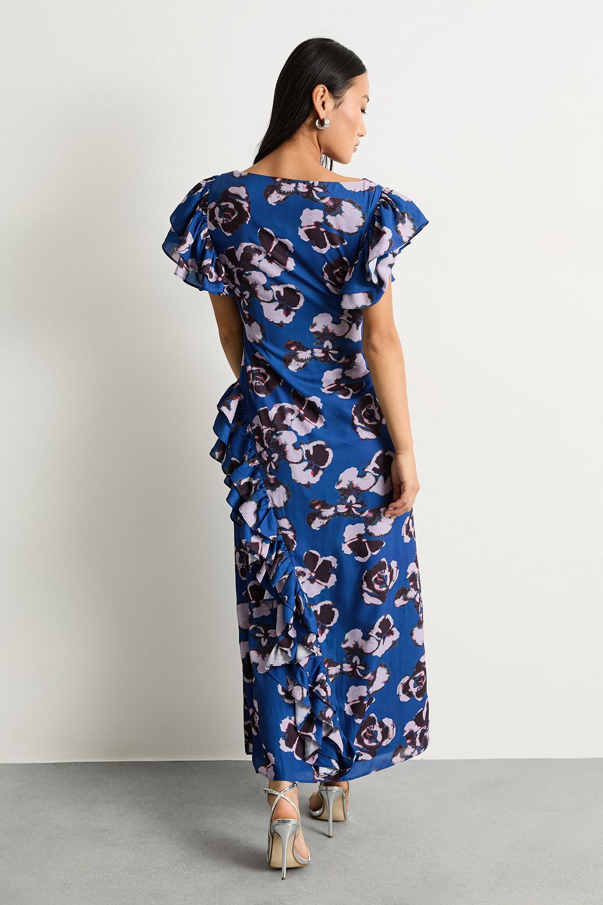 Warehouse Petite Printed Side Split Ruffle Detail Maxi Dress Blue image 3