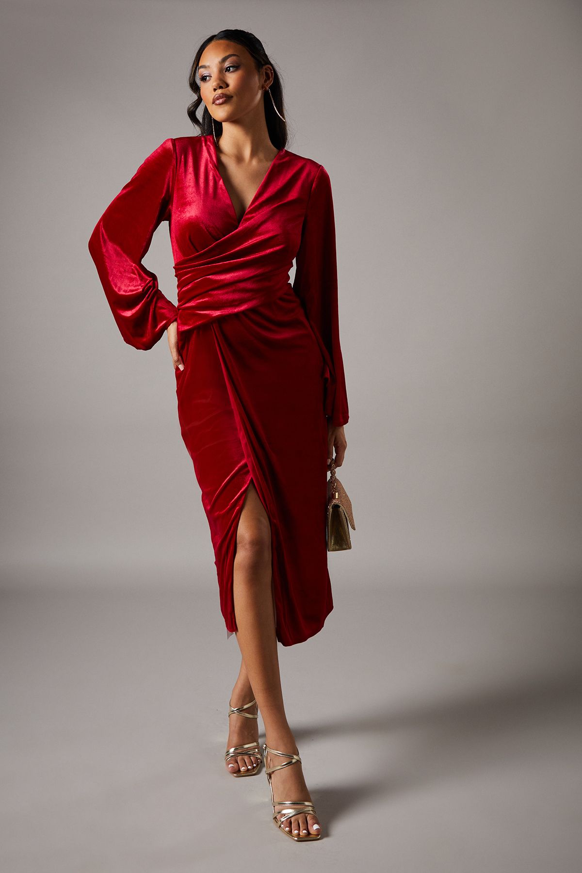 Coast Red Velvet Long Sleeve Wrap Midi Dress PLT