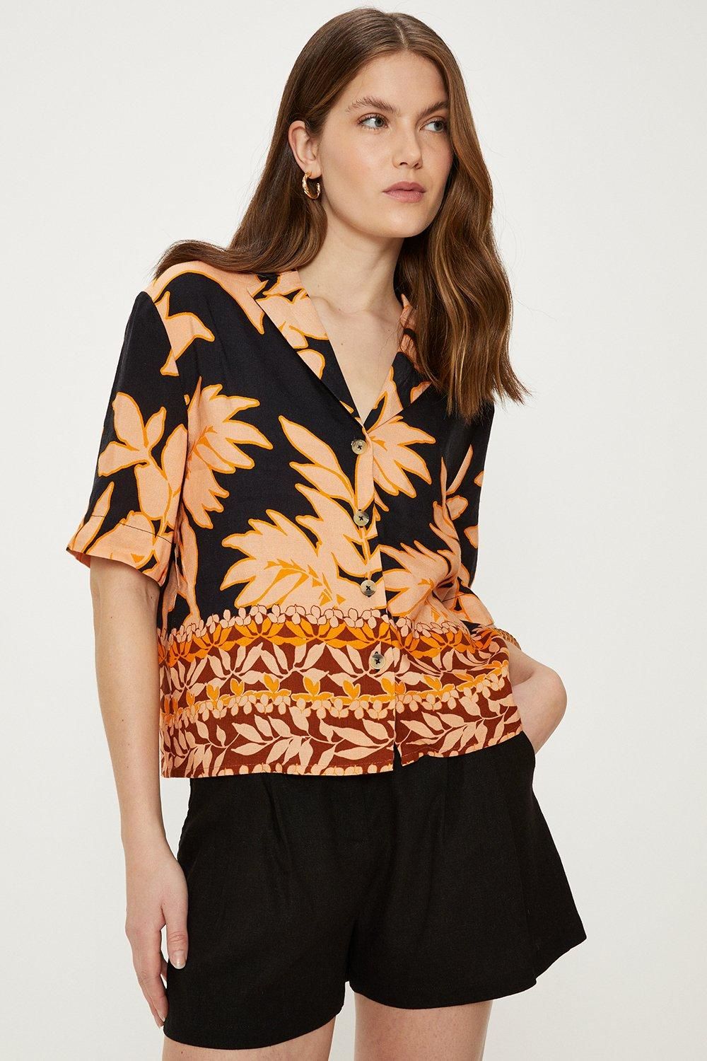 Oasis Linen Mix Border Palm Print Resort Shirt Black image 1