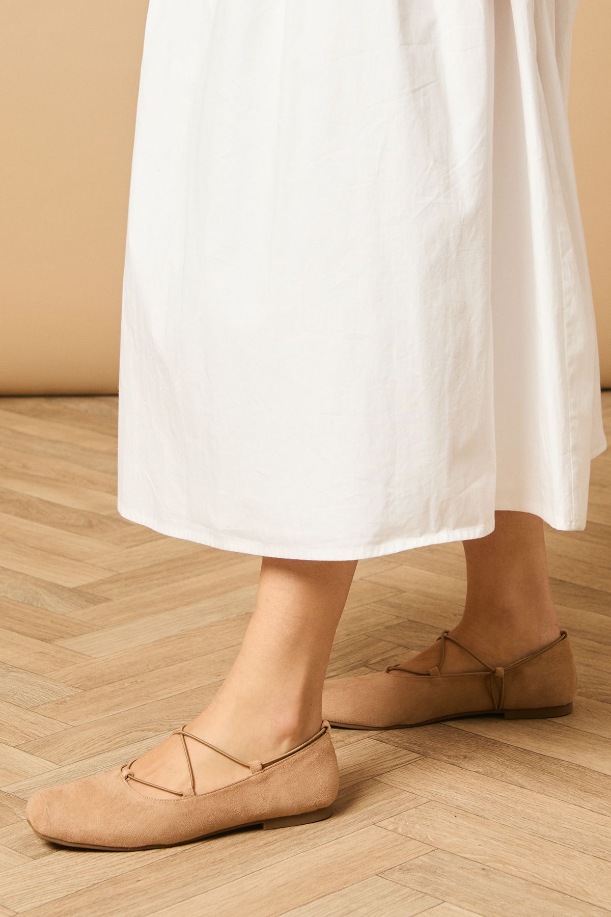 Oasis Damarra Elasticated Faux Suede Square Block Toe Ballet Pumps Taupe image 1