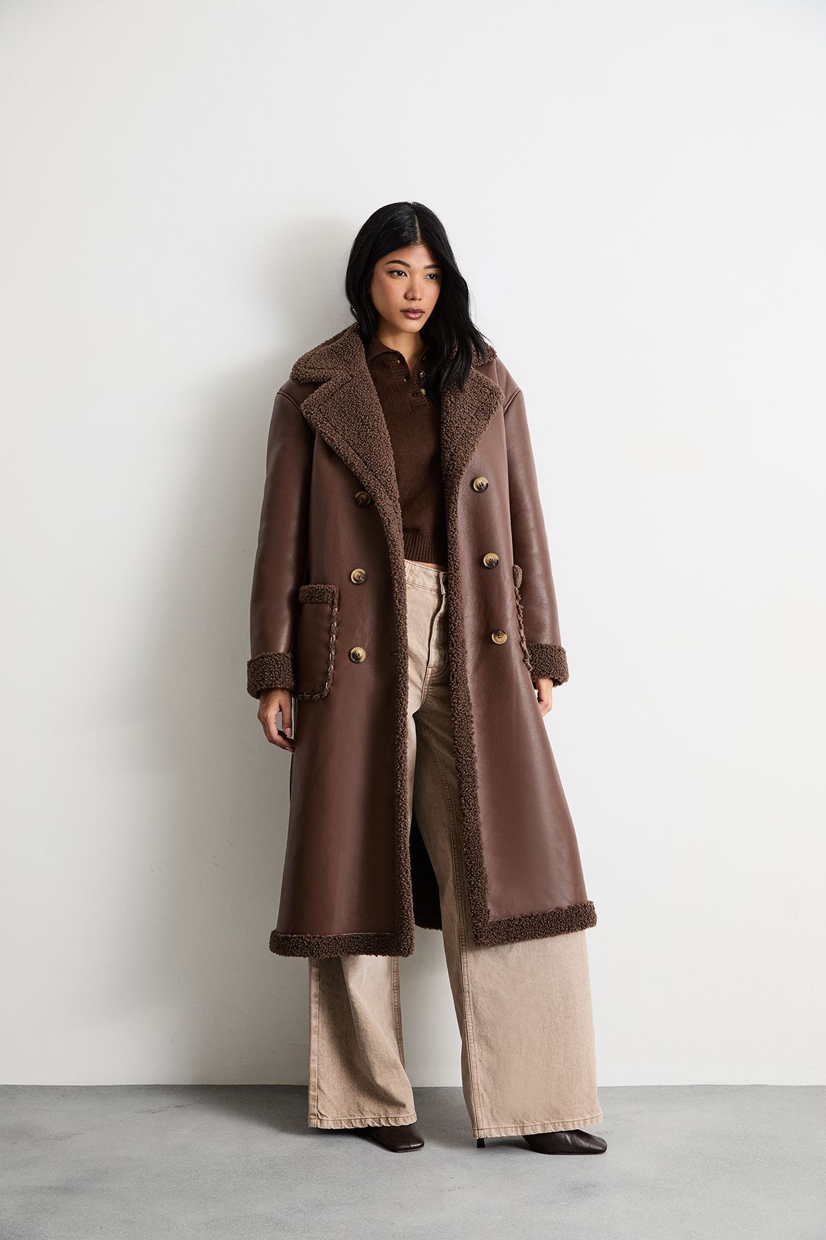 Warehouse Whipstitch Faux Leather Shearling Coat Chocolate image 4