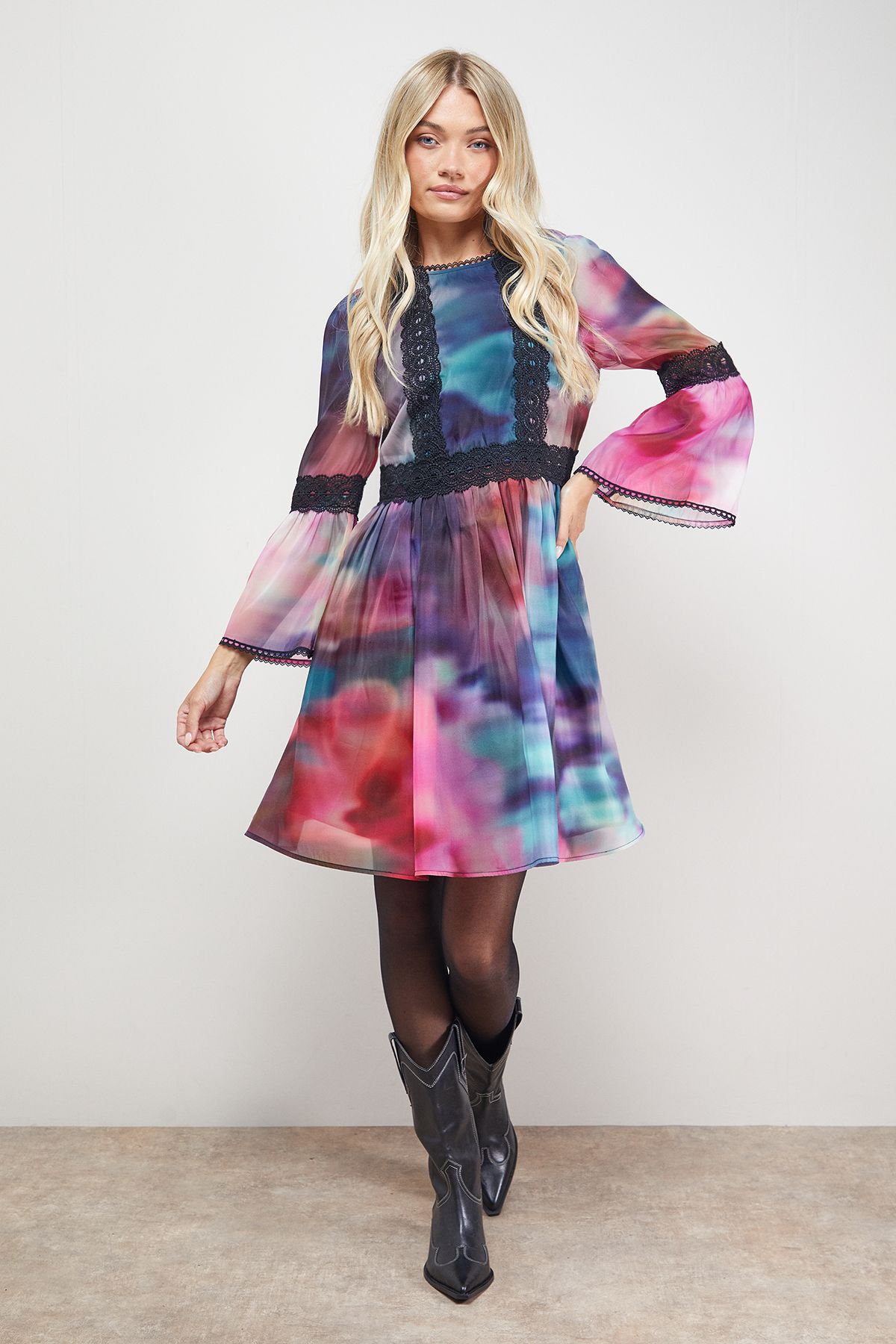 Oasis Lace Trim Fluted Sleeve Mini Prom Dress Multi image 1