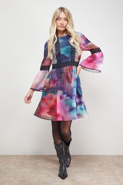 Oasis Lace Trim Fluted Sleeve Mini Prom Dress Multi