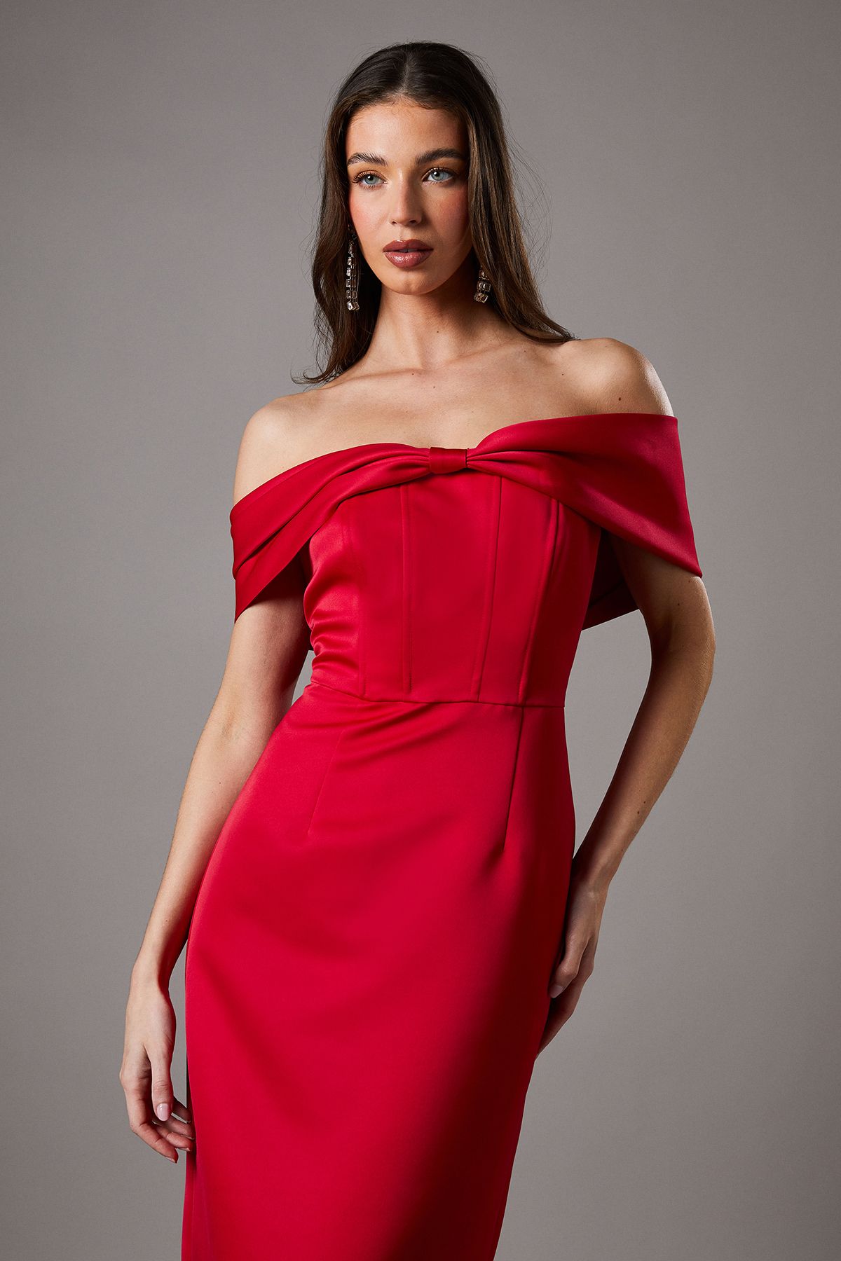 Coast Structured Satin Bardot Bow Column Maxi Bridesmaid Dress Red image 2