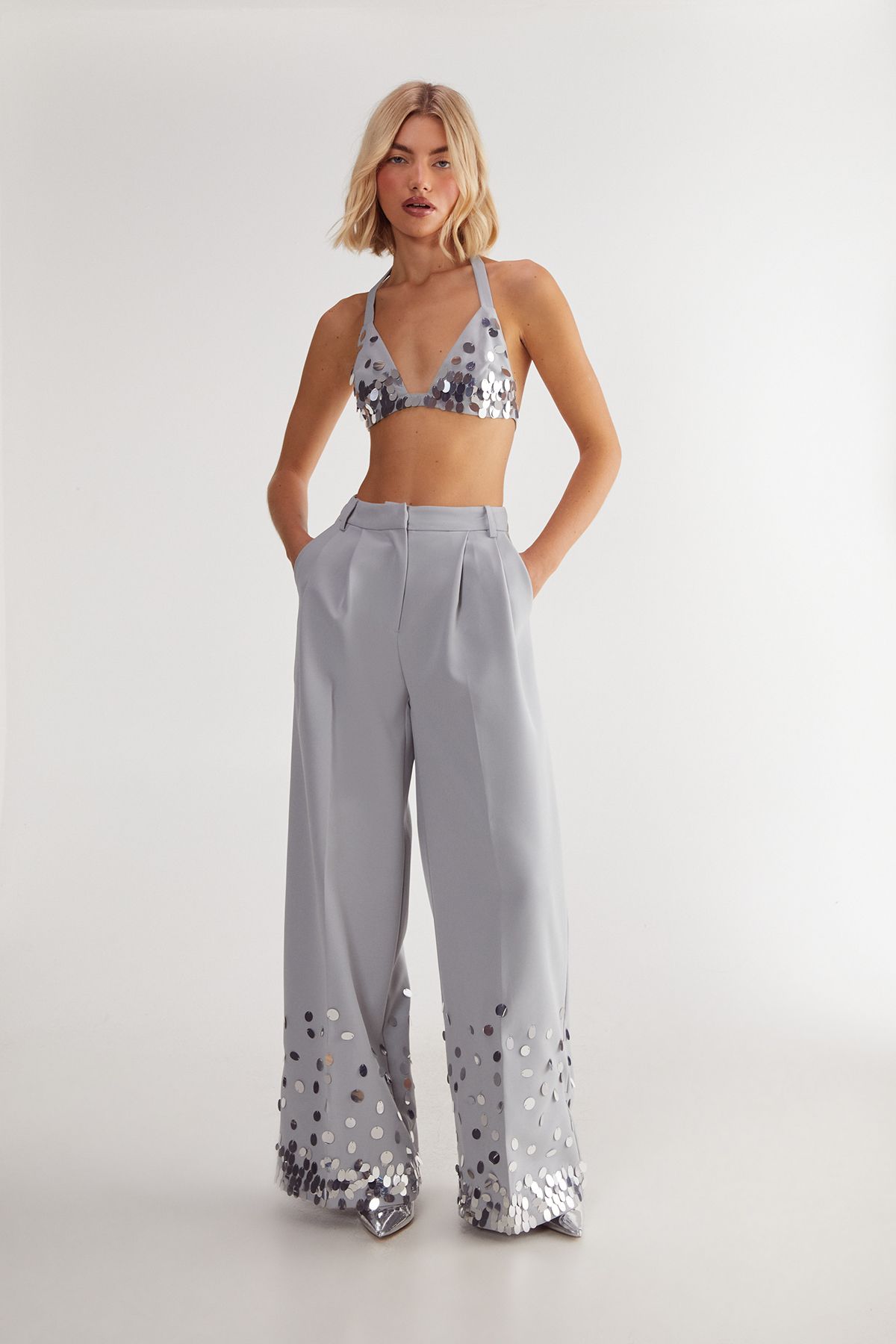 NastyGal Hand Embellished Ombre Sequin Bralet Grey image 2