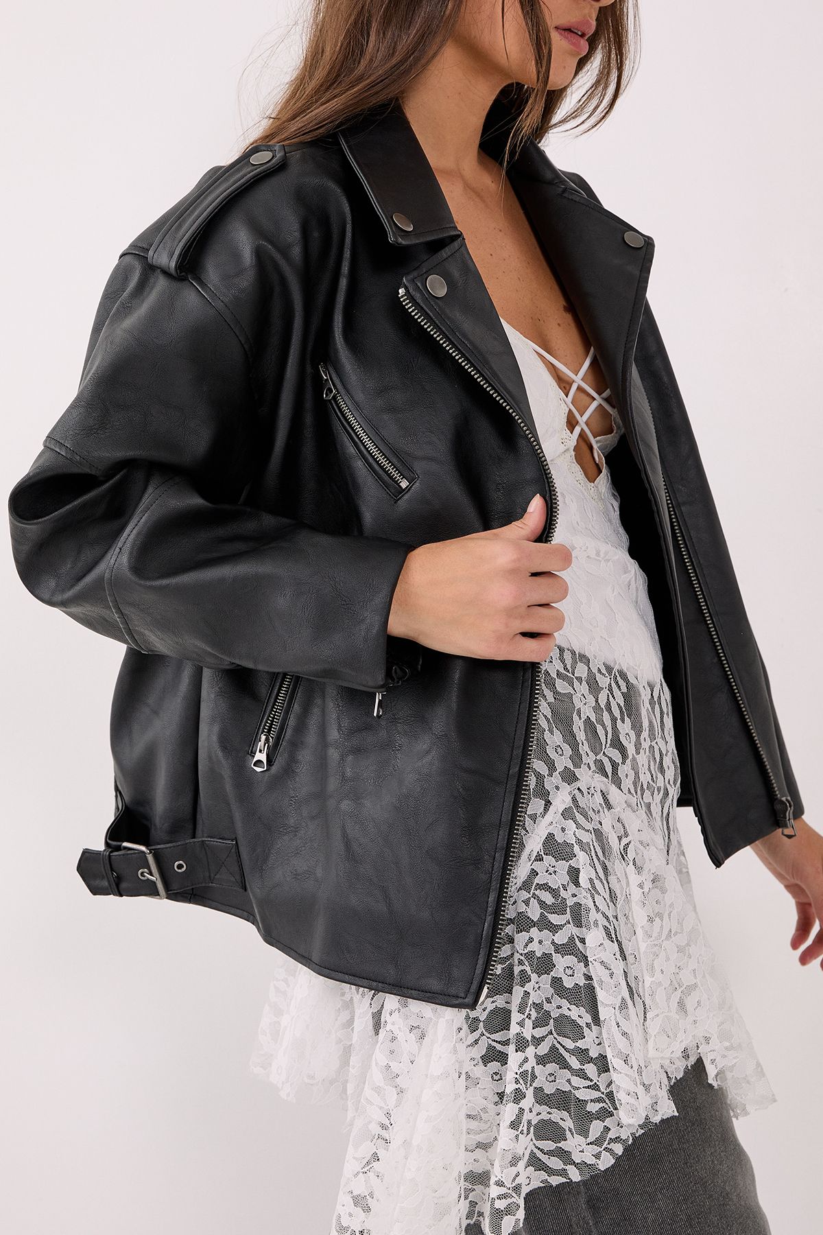 NastyGal Faux Leather Biker Jacket Black image 3