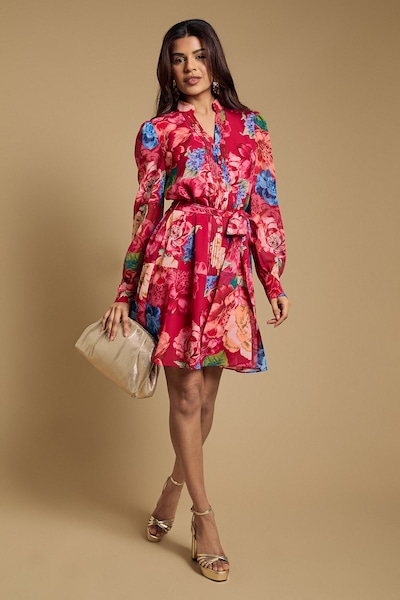 Oasis Petite Printed Chiffon Button Up Belted Waist Mini Dress Red