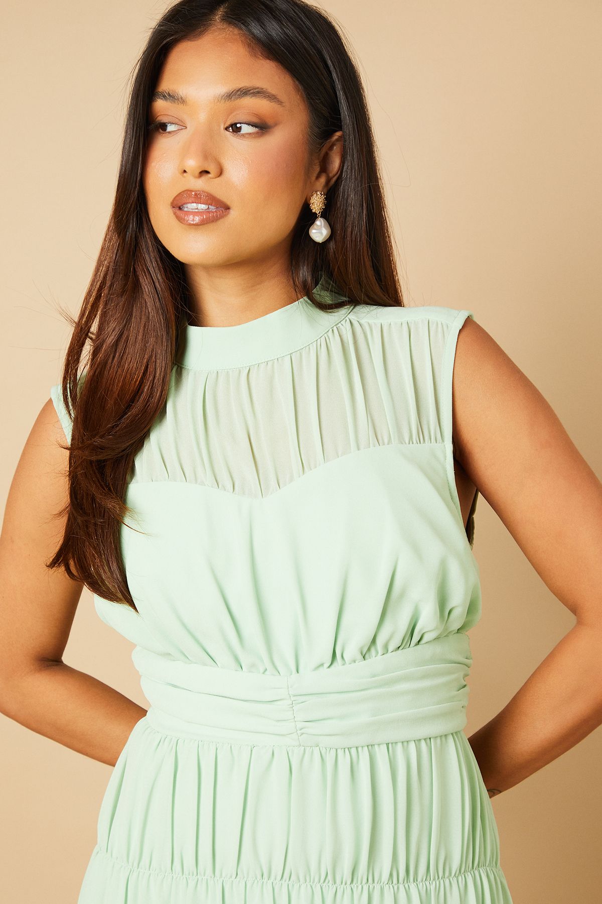 Oasis Petite Gathered High Neck Chiffon Midi Dress Aqua image 3