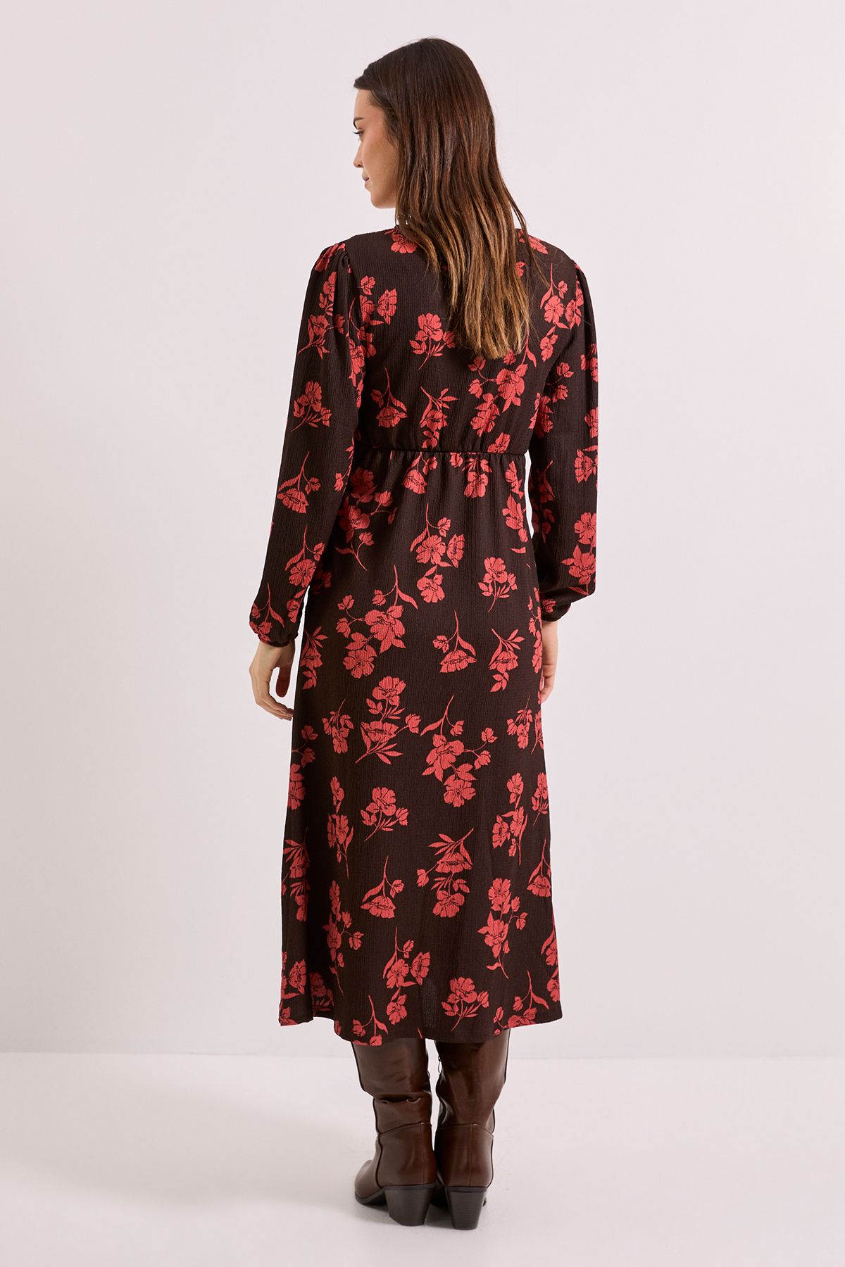 Dorothy Perkins Burgundy Floral V Neck Empire Seam Blouson Sleeve Jersey Midi Dress Burgundy image 3