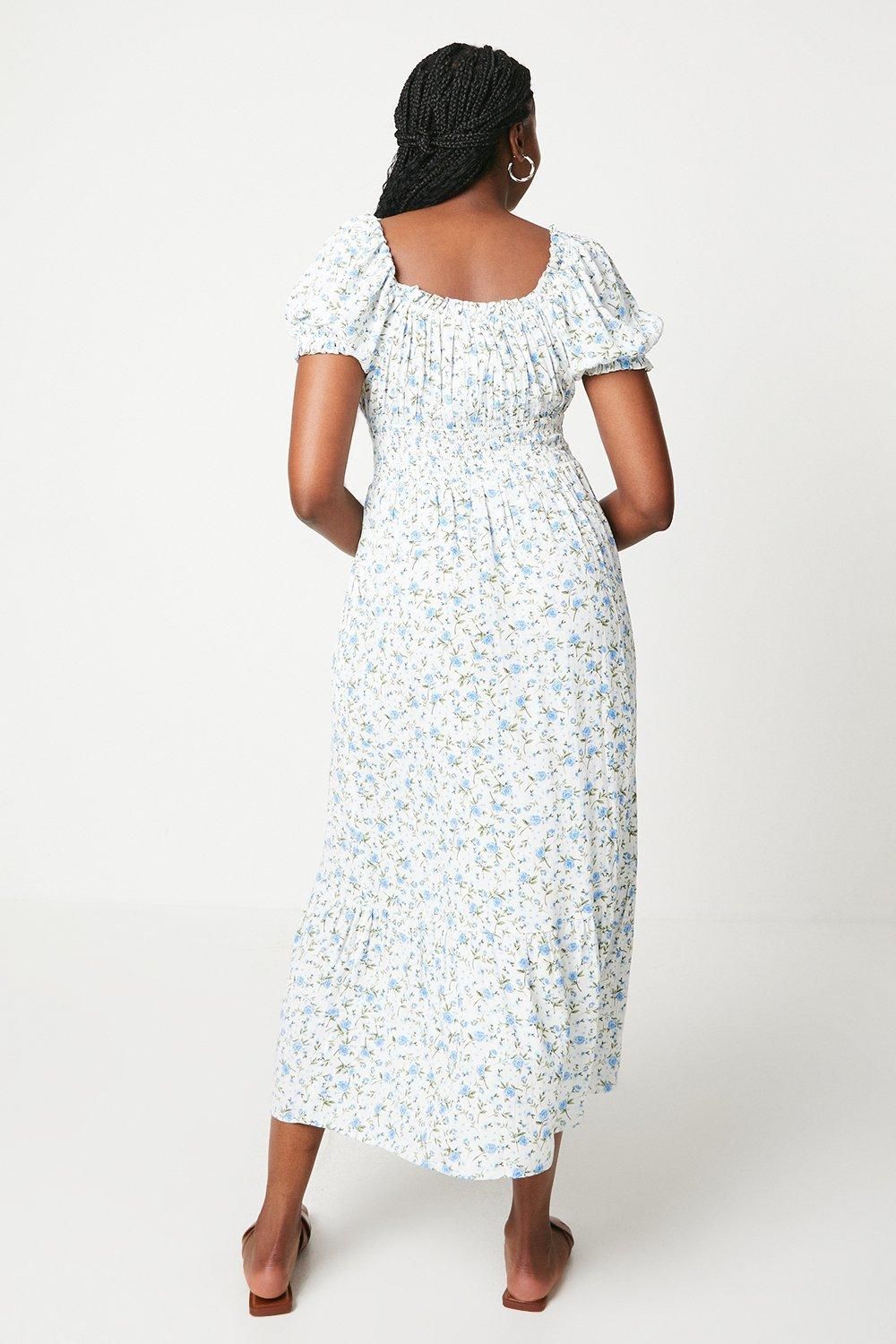 Dorothy Perkins Blue Ditsy Shirred Waist Tiered Hem Midi Dress Ivory image 3