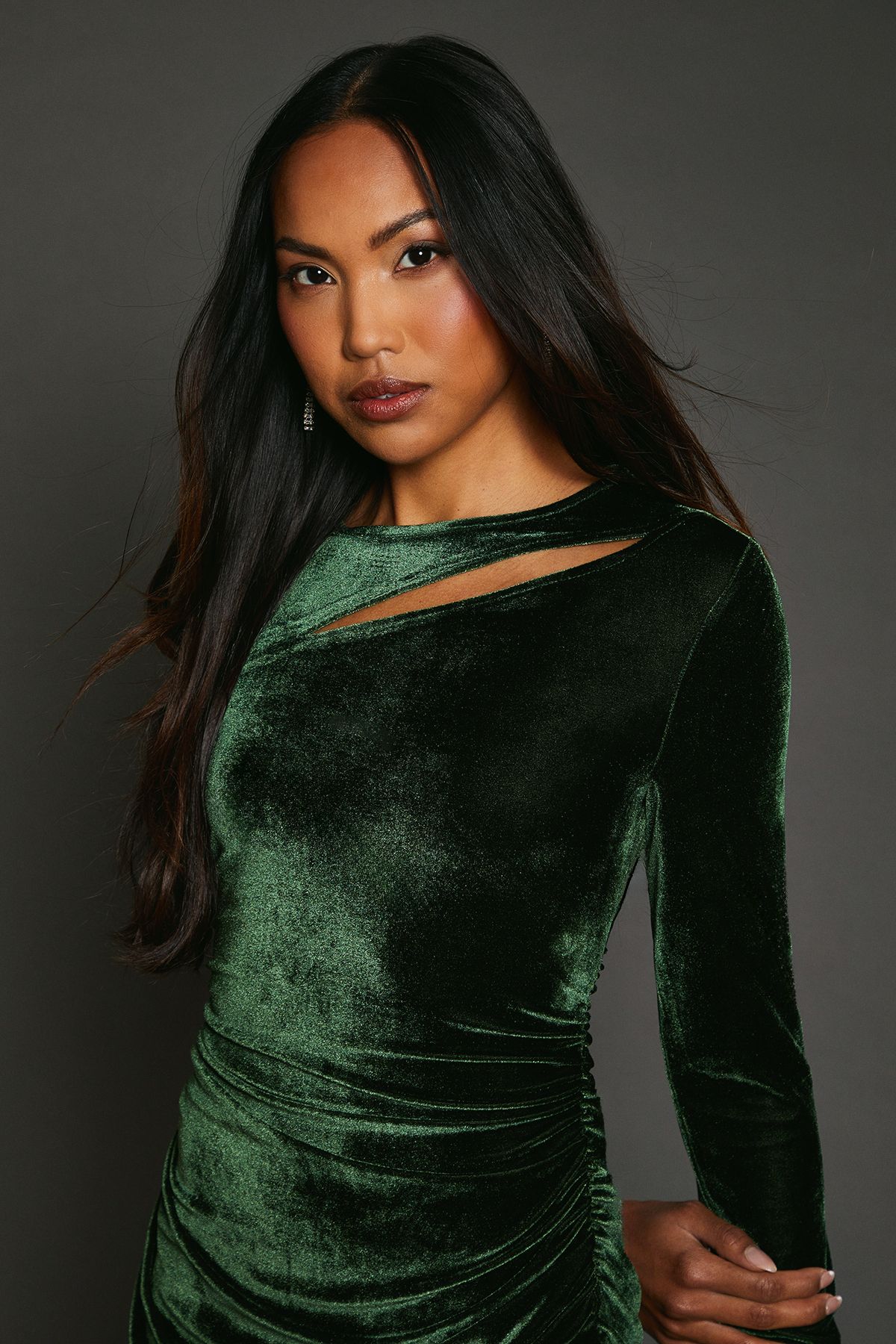 Principles Green Velvet Asymmetric Cut Out Midaxi Dress Forest image 4