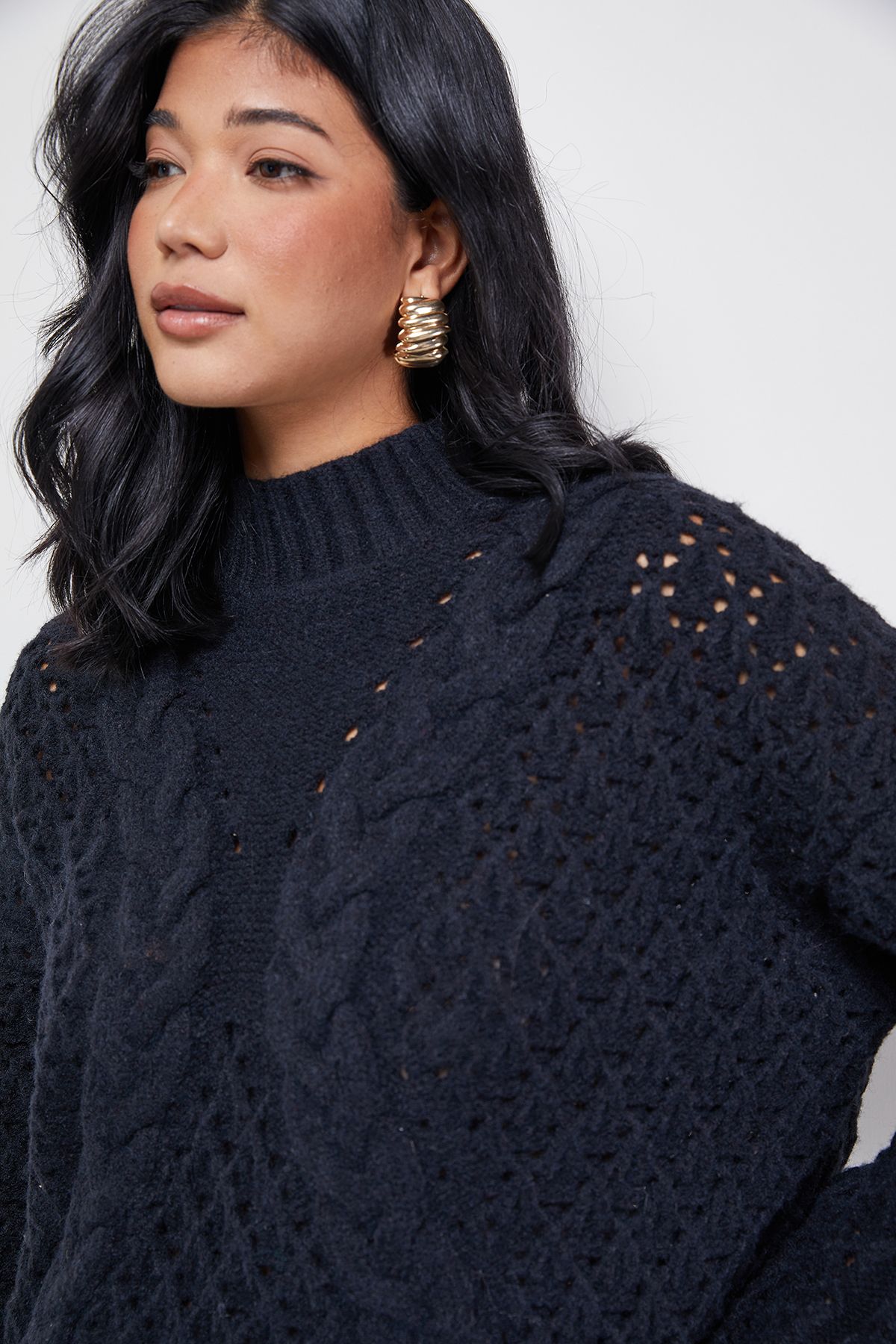 Warehouse Chunky Cable Knit Roll Neck Jumper Black image 4