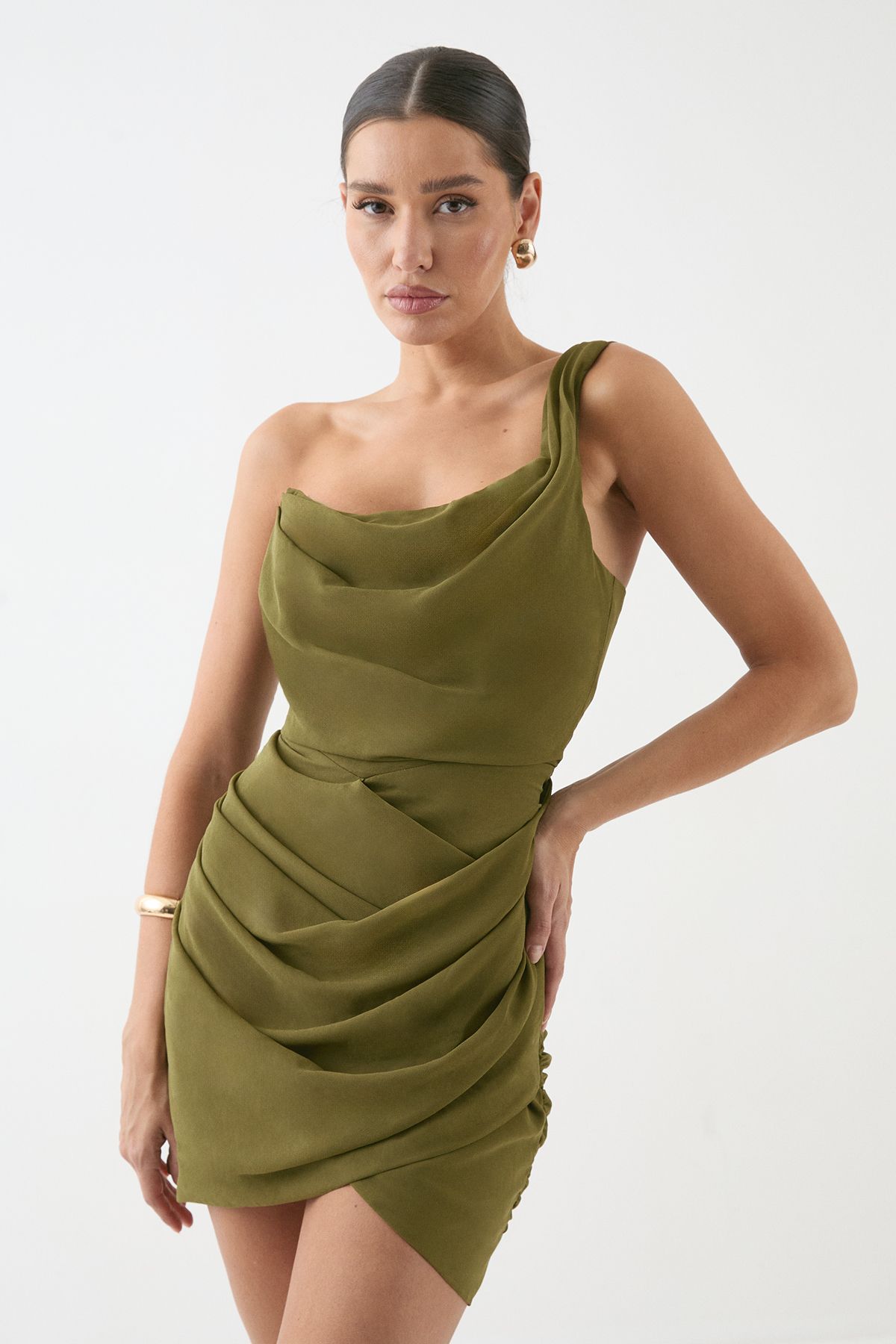 MissPap One Shoulder Drape Mini Dress Green image 1
