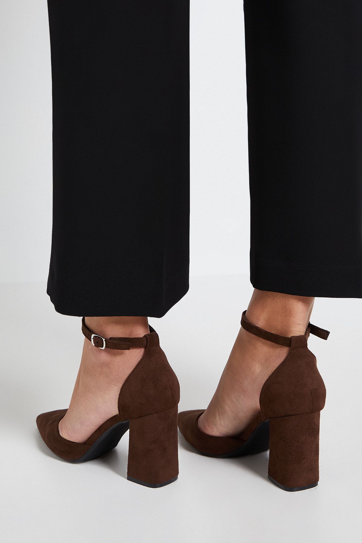 Dorothy Perkins Blanche Faux Suede Ankle Strap Pointed High Block Heel Court Shoes Chocolate image 3