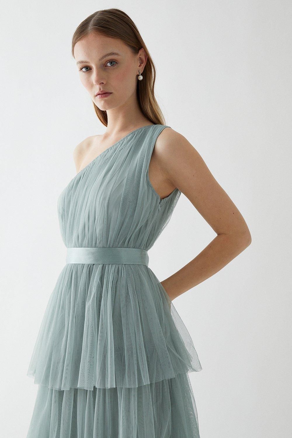 Coast One Shoulder Tiered Mesh Bridesmaids Dress Sage image 2