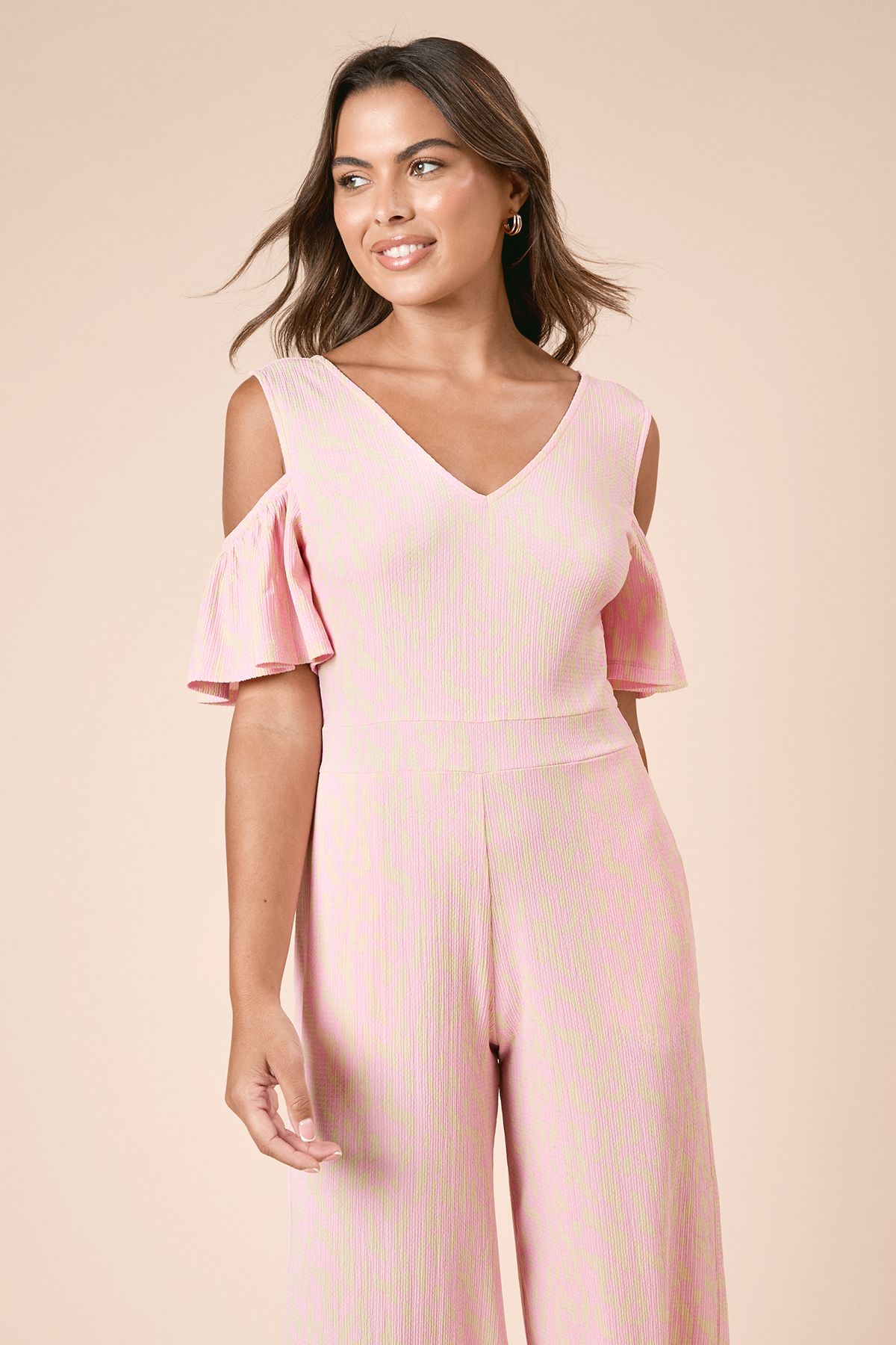 Dorothy Perkins Pink Animal Cold Shoulder Flutter Sleeve Jersey Jumpsuit Pink image 3