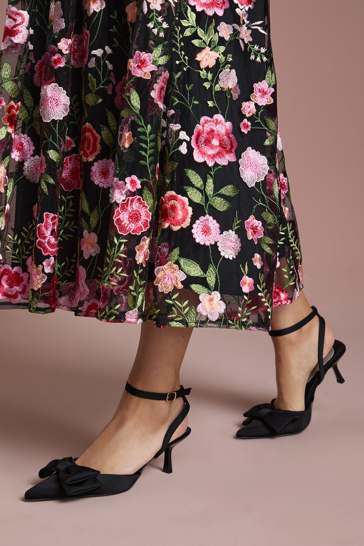 Coast Cristina Satin Bow Pointed Kitten Heel Court Shoes Black image 3