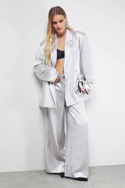 Warehouse High Shine Satin Drawstring Trousers Co-ord Silver