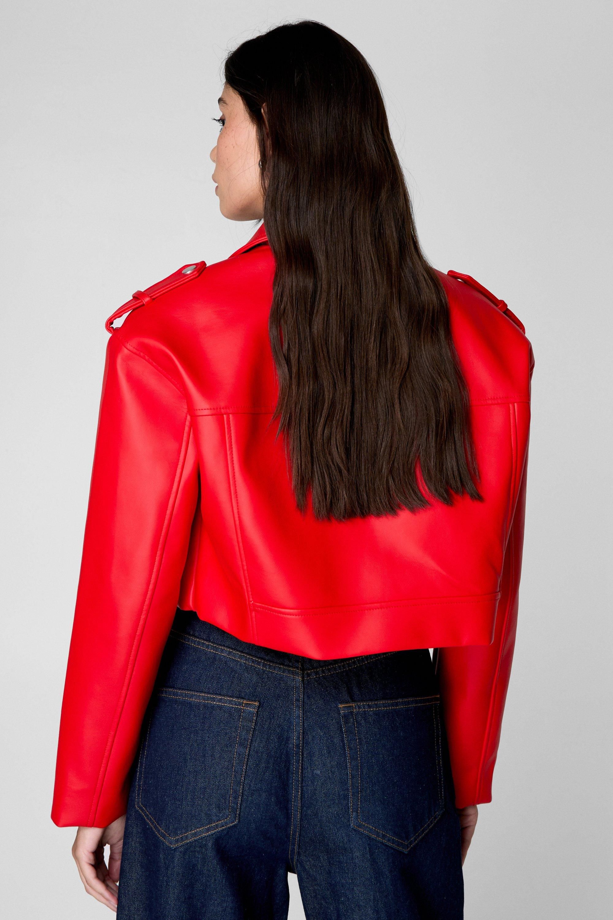 NastyGal Essentials Cropped Faux Leather Boxy Biker Red image 4