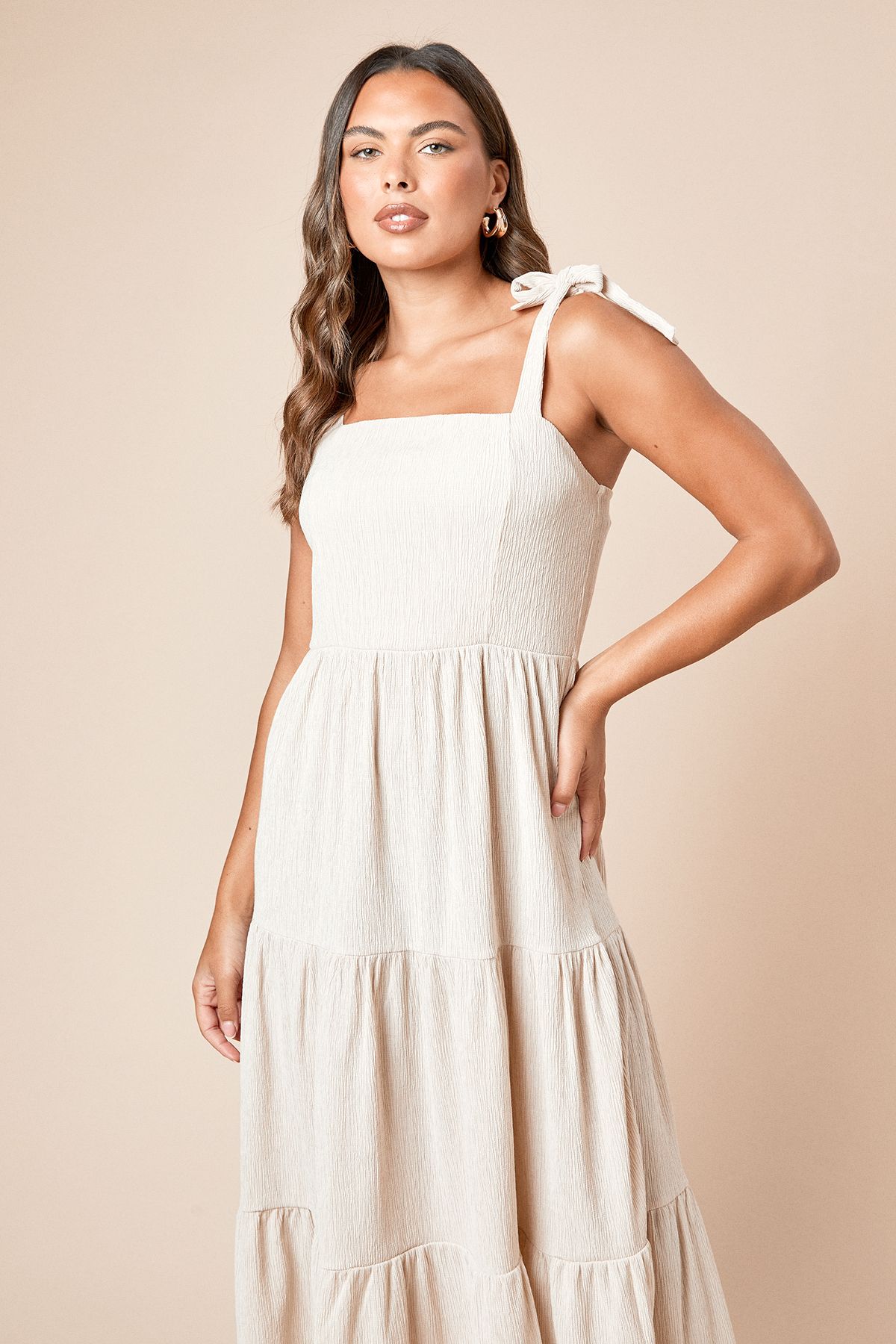 Dorothy Perkins Tie Shoulder Tiered Maxi Jersey Dress Stone image 2