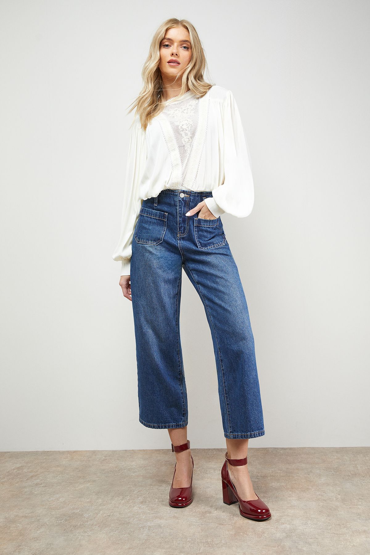 Oasis Celine Faux Patent Leather Covered Buckle High Block Heel Platform Court Shoes Burgundy image 2